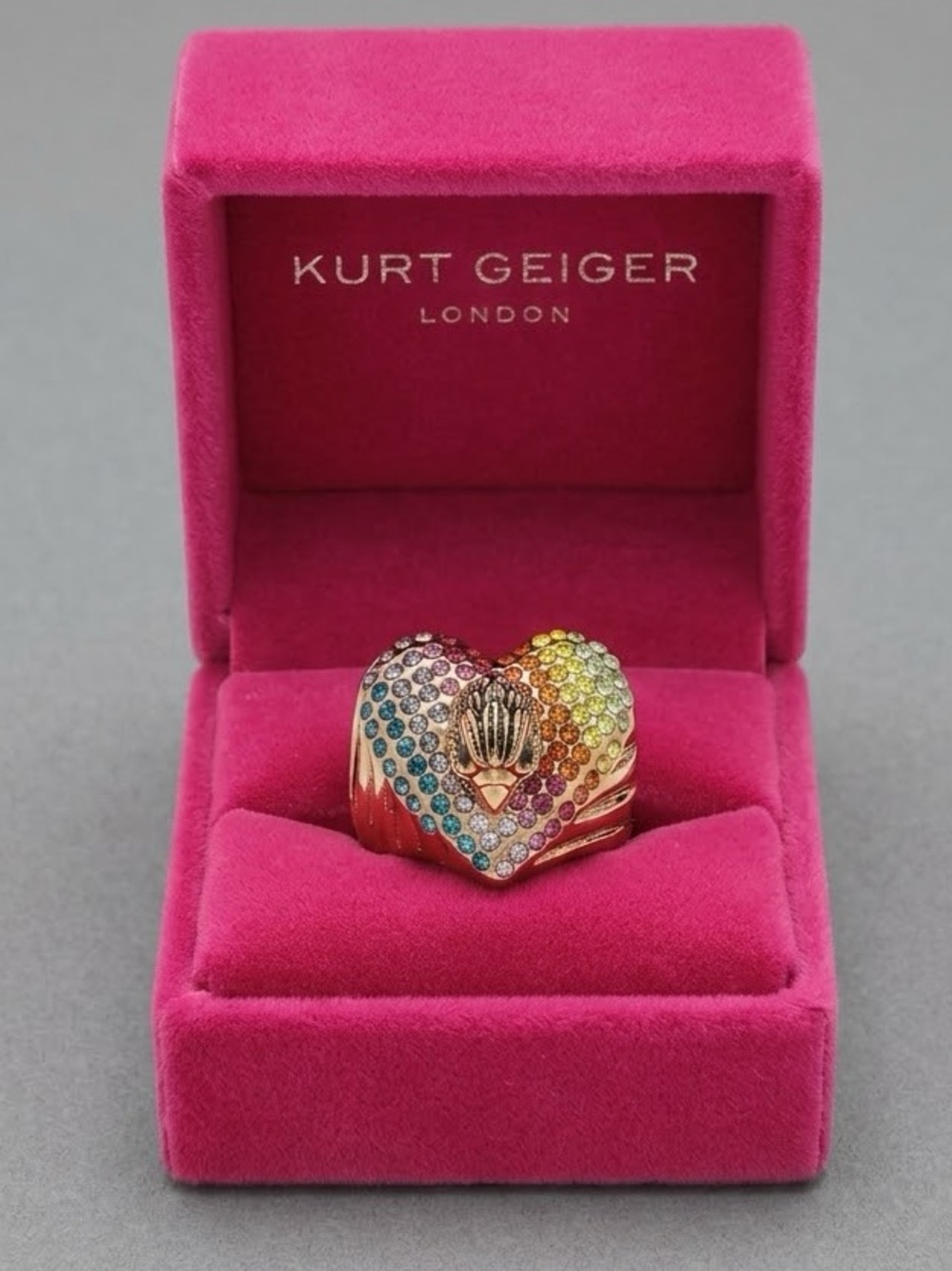 NEW Kurt Geiger London Rainbow Pavé Eagle Heart Statement Ring Gold-Tone Size 9